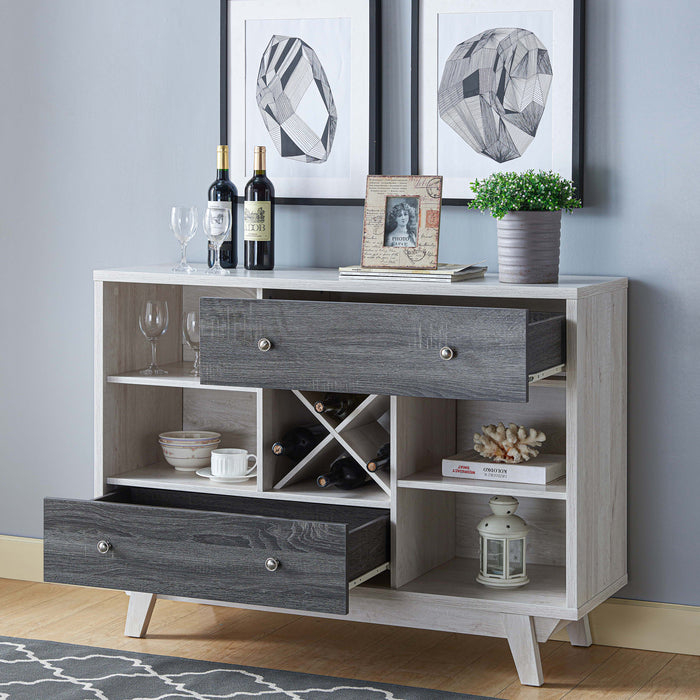 Angled view of mid-century modern distressed gray and white oak finish buffet server with storage drawers out in living space with accessories