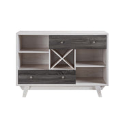 Front-facing view of mid-century modern distressed gray and white oak finish buffet server with storage on white background