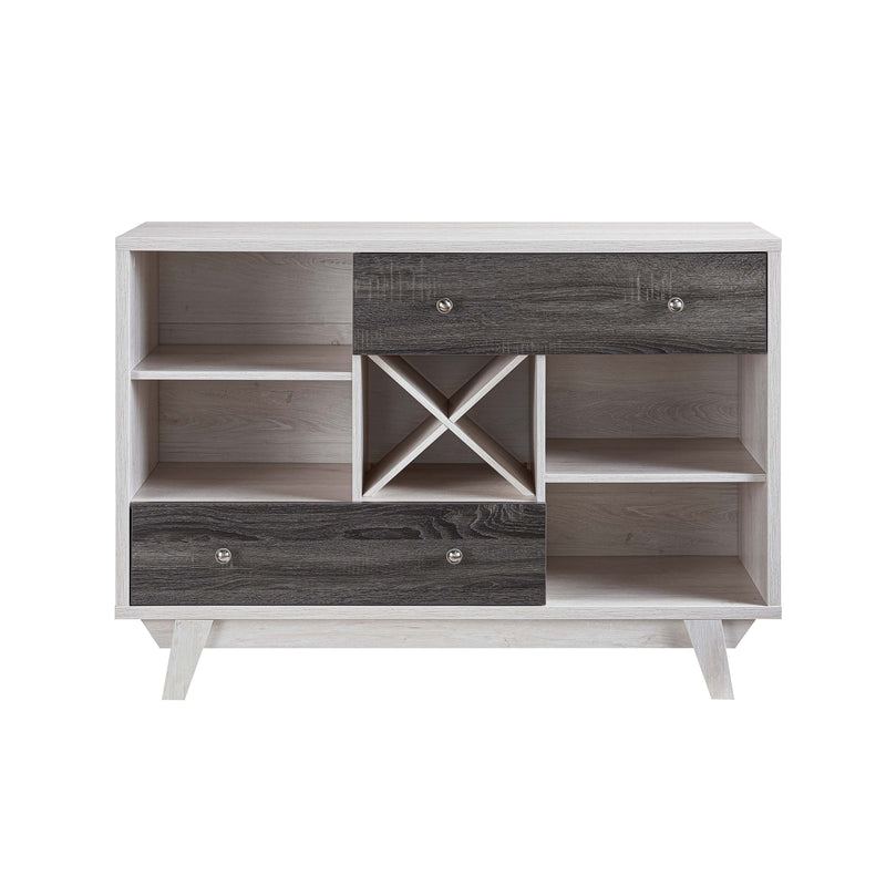 Front-facing view of mid-century modern distressed gray and white oak finish buffet server with storage on white background