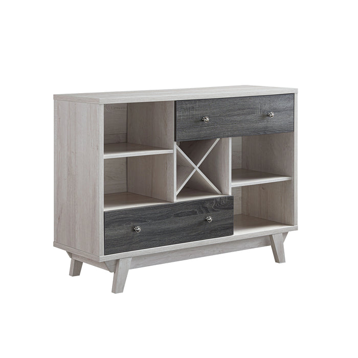 Angled left-side view of mid-century modern distressed gray and white oak finish buffet server with storage on white background