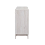 Side-facing view of mid-century modern distressed gray and white oak finish buffet server with storage on white background