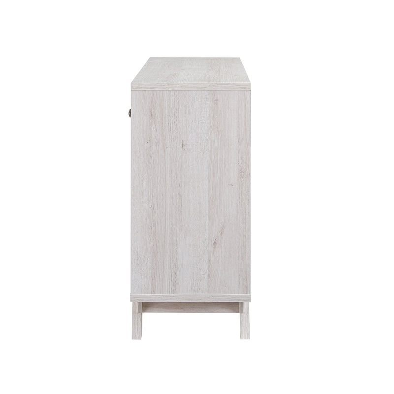 Side-facing view of mid-century modern distressed gray and white oak finish buffet server with storage on white background