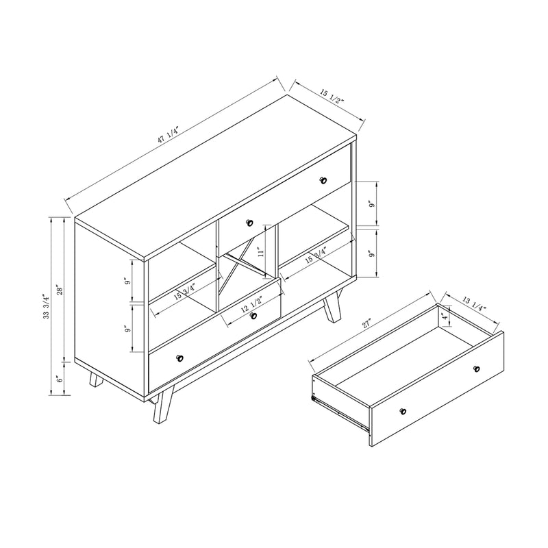 Angled rendition of white oak and distressed gray finish buffet server in two views with measurements