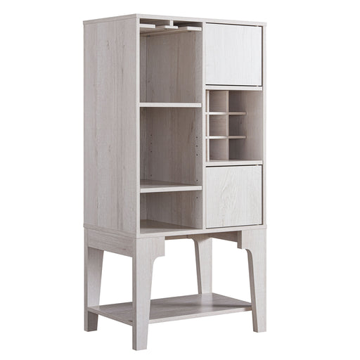 Right angled contemporary white oak multi-shelf wine cabinet on a white background