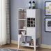 Left angled contemporary white oak multi-shelf wine cabinet in a living space with accessories
