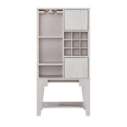 Front facing contemporary white oak multi-shelf wine cabinet on a white background