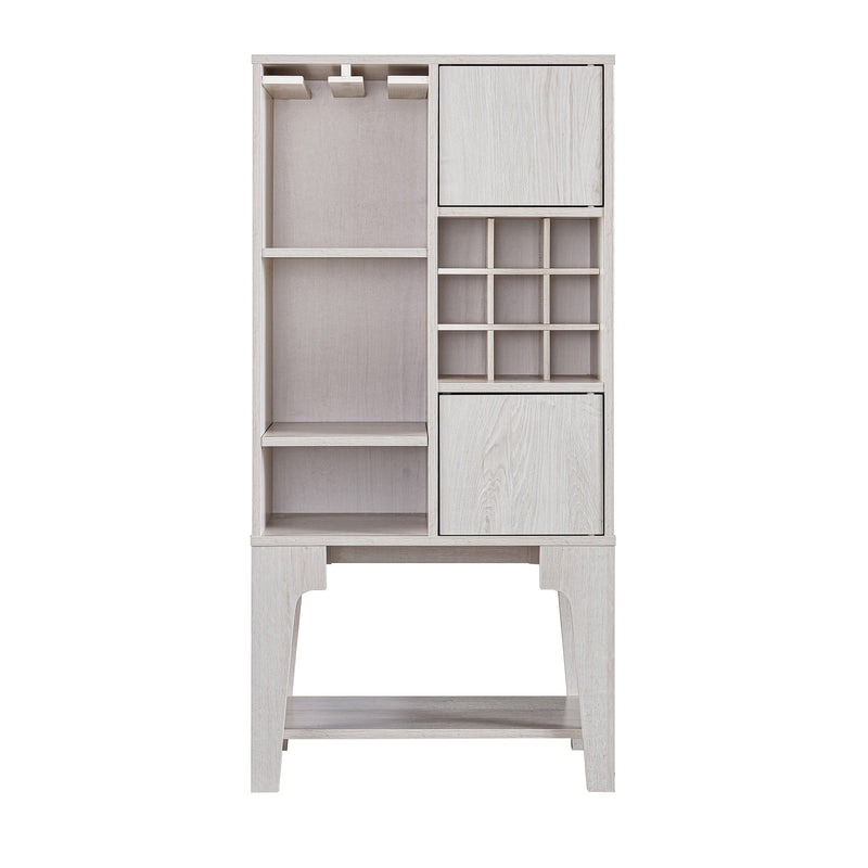 Front facing contemporary white oak multi-shelf wine cabinet on a white background
