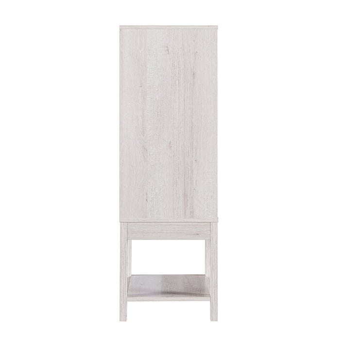 Front facing side view of a contemporary white oak multi-shelf wine cabinet on a white background