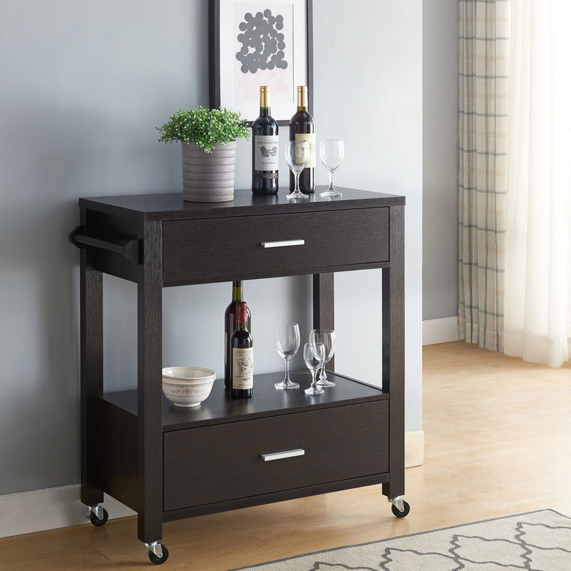 Angled left-facing view of transitional cappuccino finish kitchen cart with storage in living space with accessories