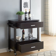 Angled left-facing view of transitional cappuccino finish kitchen cart with storage drawers open in living space with accessories