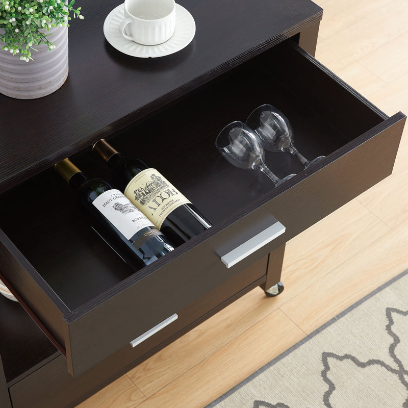 Cropped, angled top-down view of transitional cappuccino finish kitchen cart with storage drawers open in living space with accessories