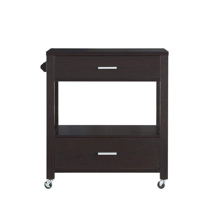 Front-facing view of transitional cappuccino finish kitchen cart with storage on white background