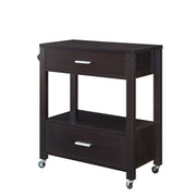 Angled right-facing view of transitional cappuccino finish kitchen cart with storage on white background