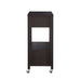 Side-facing view of transitional cappuccino finish kitchen cart with storage on white background
