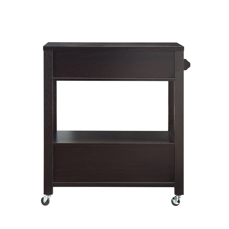 Back-facing view of transitional cappuccino finish kitchen cart with storage on white background