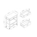 Angled renditions of transitional kitchen cart with three views including measurements on white background