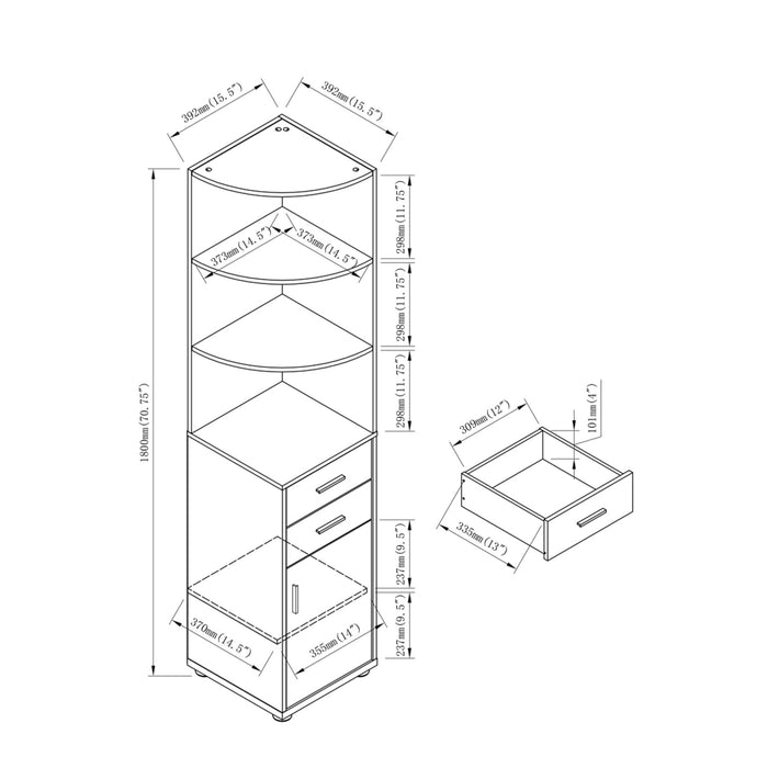Right angled modern three-shelf corner bookcase line drawing with dimensions on a white background