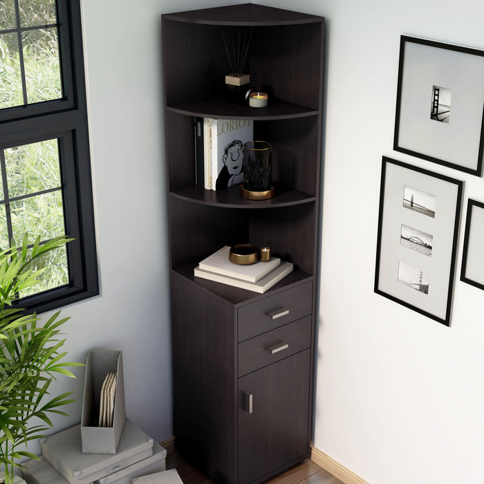 Right angled modern three-shelf corner bookcase in cappuccino in a living area with accessories