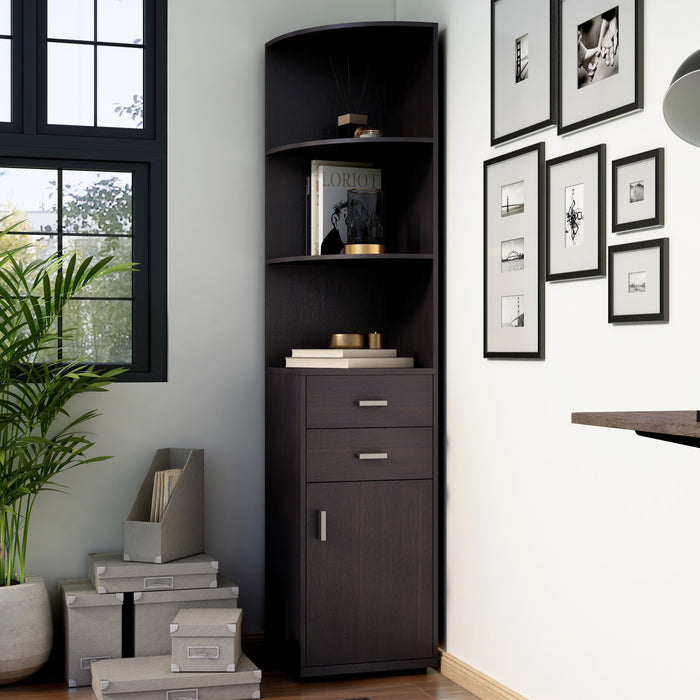 Left-angled modern three-shelf corner bookcase in cappuccino in a living area with accessories