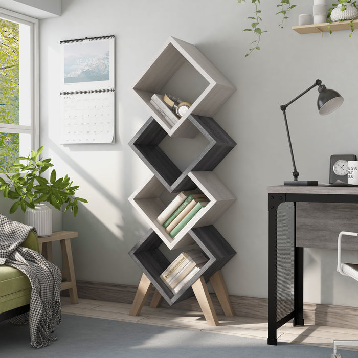 Left-angled modern four-cube stacked bookcase in white oak and distressed gray with accessories