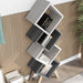 Right-angled modern four-cube stacked bookcase in white oak and distressed gray with accessories