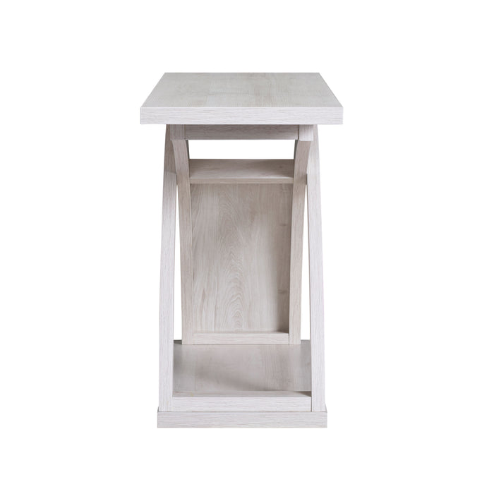 Front-facing side view transitional white oak console table on a white background