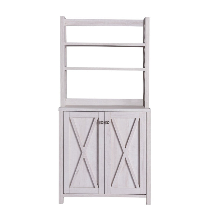Front-facing view of farmhouse white oak finish MDF and metal bakers rack in living space on a white background