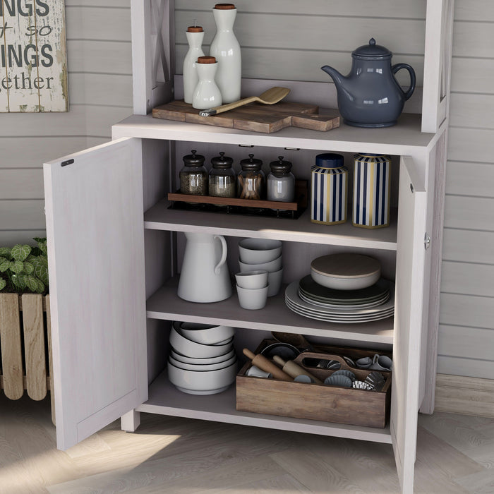 Angled view of farmhouse white oak finish MDF and metal bakers rack open cabinet in living space with accessories