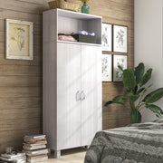 Right angled contemporary two-door white oak pantry with four shelves in a bedroom with accessories