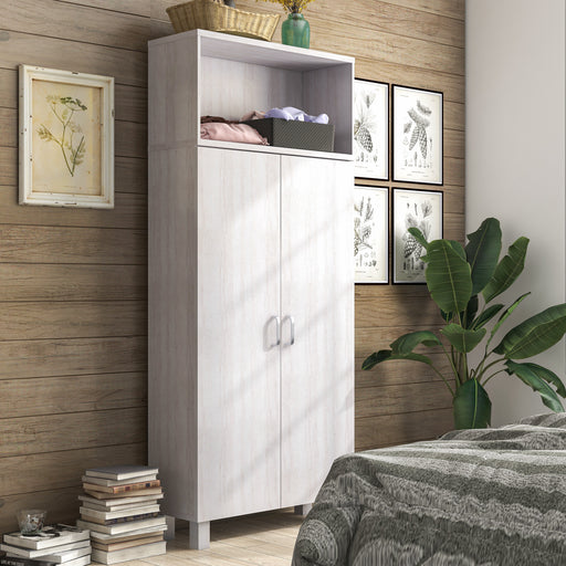Right angled contemporary two-door white oak pantry with four shelves in a bedroom with accessories