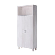 Left angled contemporary two-door white oak pantry with four shelves on a white background