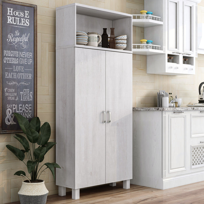 Right angled contemporary two-door white oak pantry with four shelves in a kitchen with accessories