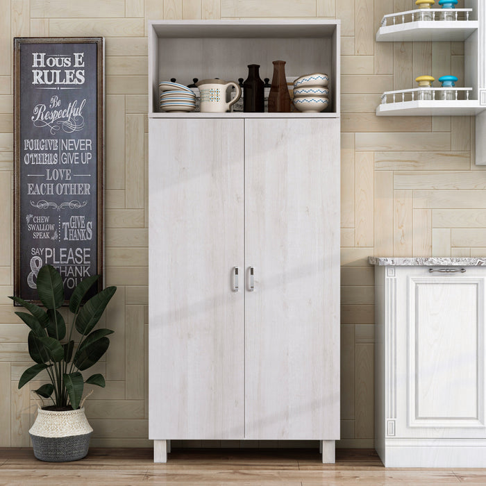 Front-facing contemporary two-door white oak pantry with four shelves in a kitchen with accessories