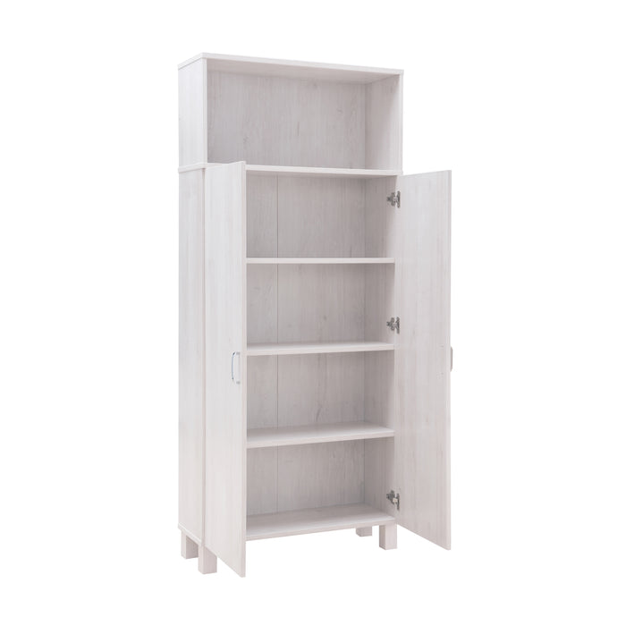 Right angled contemporary two-door white oak pantry with four shelves and doors open on a white background
