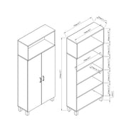 Right angled contemporary two-door white oak pantry line drawing with dimensions on a white background