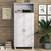 Front-facing contemporary two-door white oak pantry with four shelves in a badroom with accessories