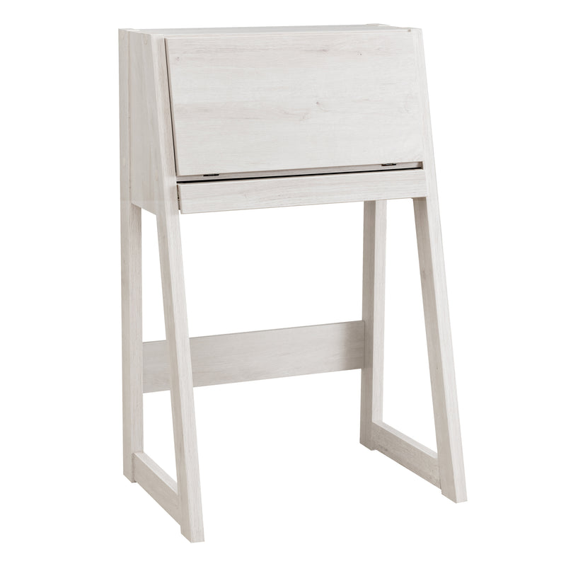 Right angled urban white oak flip-down desk on a white background