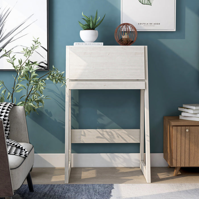 Front facing urban white oak flip-down desk in a living area with accessories