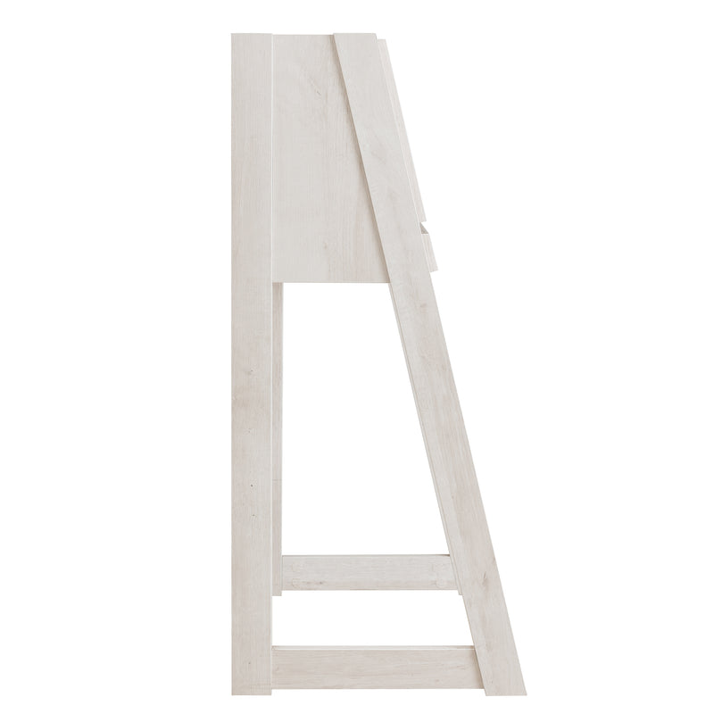 Front facing side view of a urban white oak flip-down desk on a white background