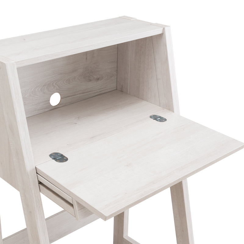 Right facing open desktop detail of a urban white oak flip-down desk on a white background