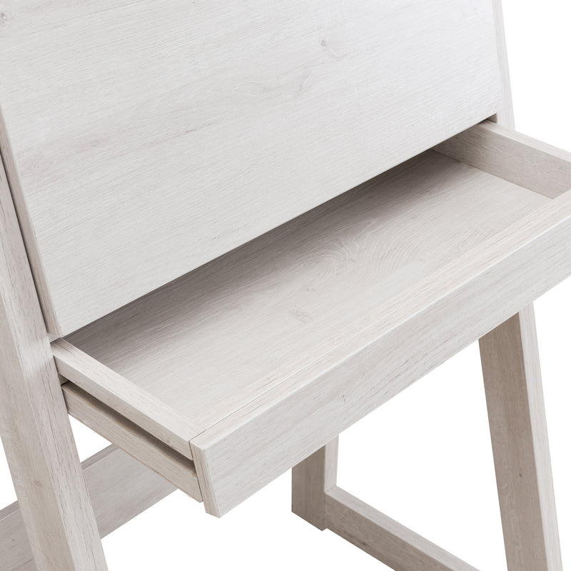Right facing open drawer detail of a urban white oak flip-down desk on a white background