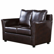 Left-angled transitional dark brown faux leather loveseat with flared arms on a white background