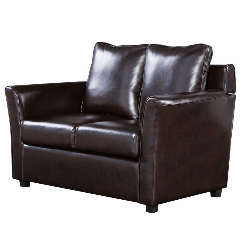 Left-angled transitional dark brown faux leather loveseat with flared arms on a white background