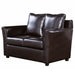 Left-angled transitional dark brown faux leather loveseat with flared arms on a white background