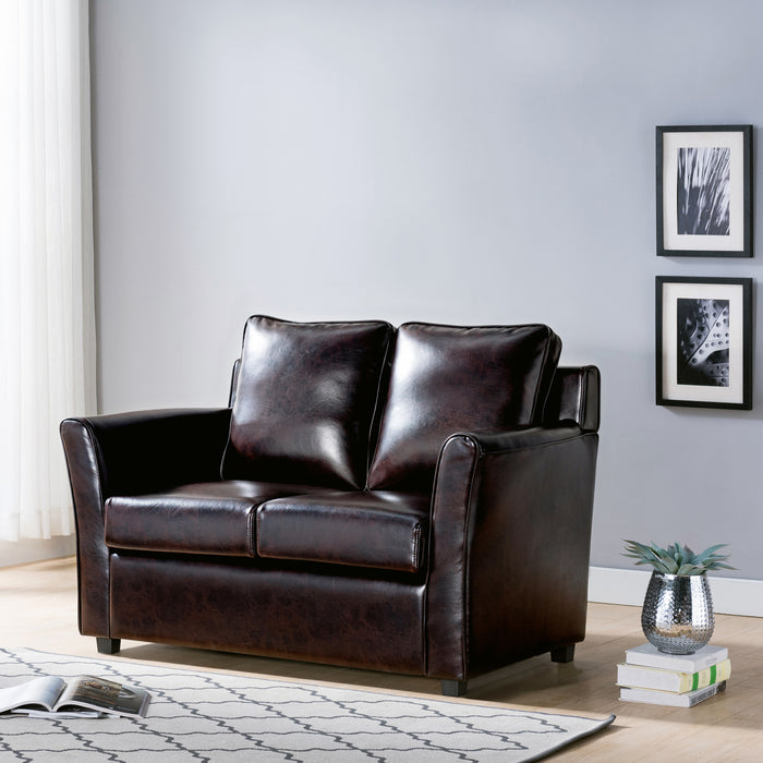 Left-angled transitional dark brown faux leather loveseat with flared arms in a transitional living room