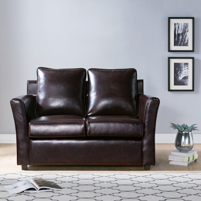 Front-facing transitional dark brown faux leather loveseat with flared arms in a transitional living room
