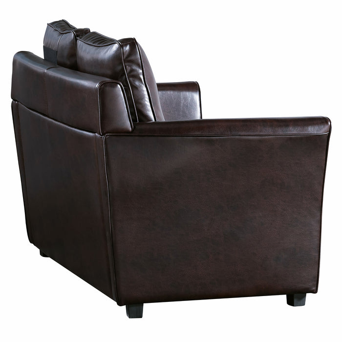 Right-angled back view transitional dark brown faux leather loveseat with flared arms on a white background