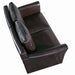 Right-angled top view transitional dark brown faux leather loveseat with flared arms on a white background