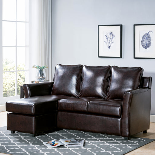 Left-angled transitional sectional sofa with left-facing chaise and dark brown faux leather upholstery in a contemporary living space