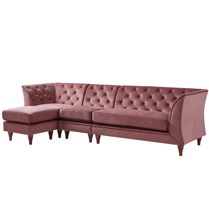 Left-angled glam rose pink upholstered sectional with left-facing chaise, flared arms, and button tufted back on a white background
